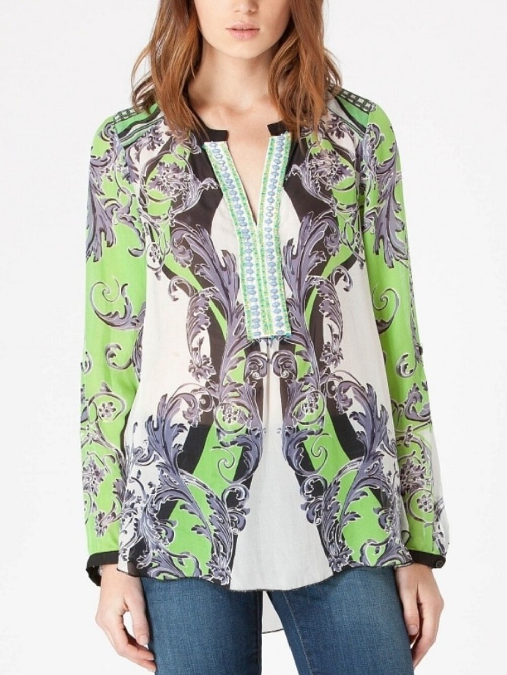 Hale Bob Lime Green And White Baroque Print Silk Pullover Tunic Top
